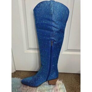 Women's Blue Rhinestone Over the Knee Sparkly Bling Cowgirl Western Boots
